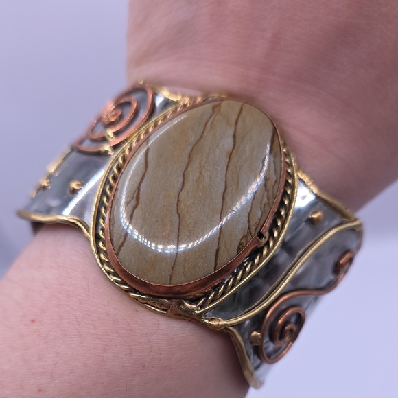 Artisan Jasper Center Stone and Mix Metal Cuff Bracelet - Picture 1 of 3